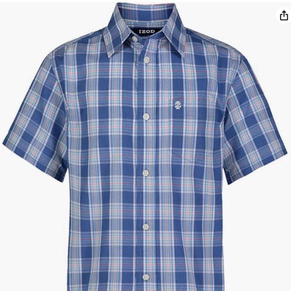 IZOD Boys' Short Sleeve Button-Down Plaid Dress Shirt